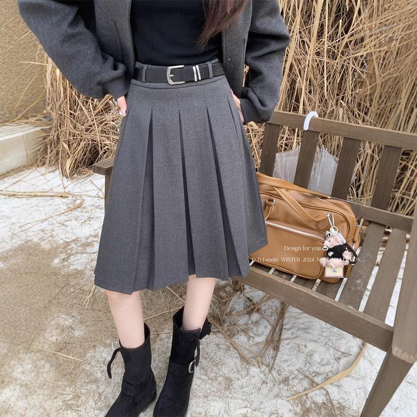 High Waist Plain Pleated A-Line Skirt Product Image