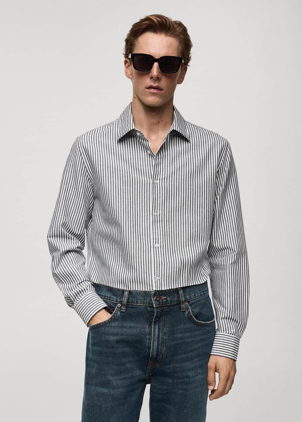 MANGO MAN - Regular-fit striped cotton-linen shirt charcoalMen Product Image