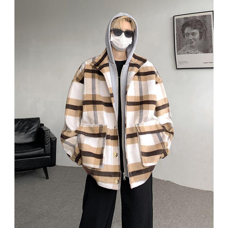 Plaid Hooded Mock Two-Piece Oversized Zip Jacket Product Image