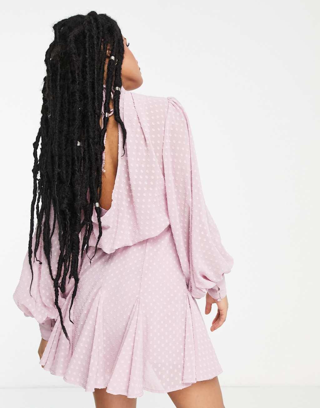 ASOS DESIGN Petite high neck pleated mini dress with godet detail in pink Product Image