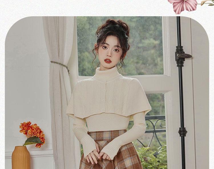 Set: Long-Sleeve Mock Neck Plain Knit Top + High Rise Plaid Midi A-Line Skirt Product Image