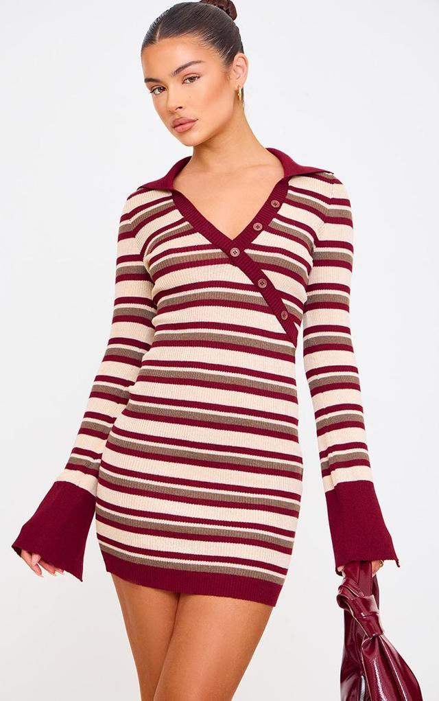 Burgundy Rib Knit Stripe Asymmetric Button Mini Dress Product Image