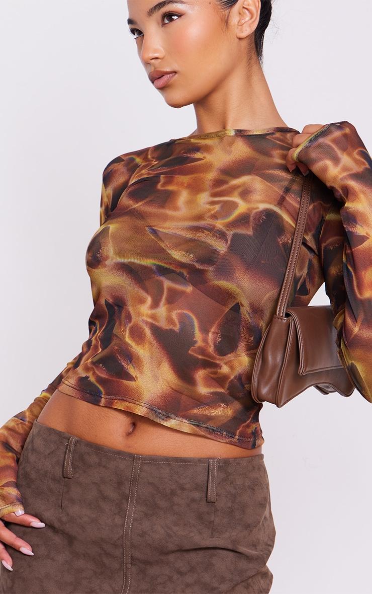 Brown Mesh Printed Long Sleeve Top Product Image