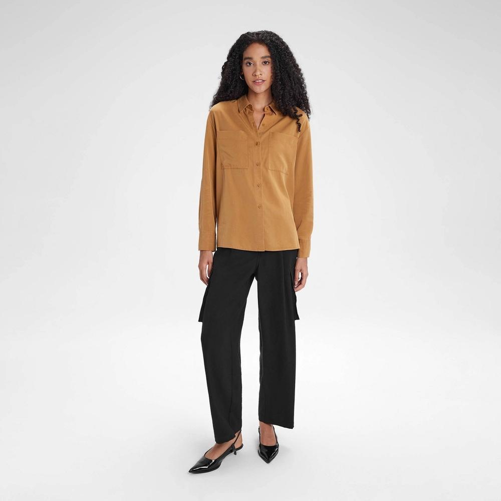 Womens Long Sleeve Button-Down Shirt - A New Day Brown M Product Image