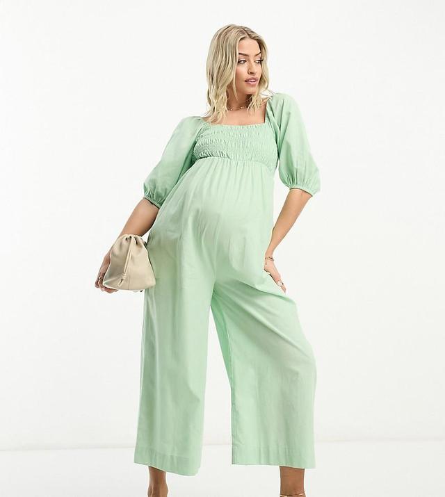 ASOS DESIGN Maternity linen look shirred puff sleeve jumpsuit in sage Product Image