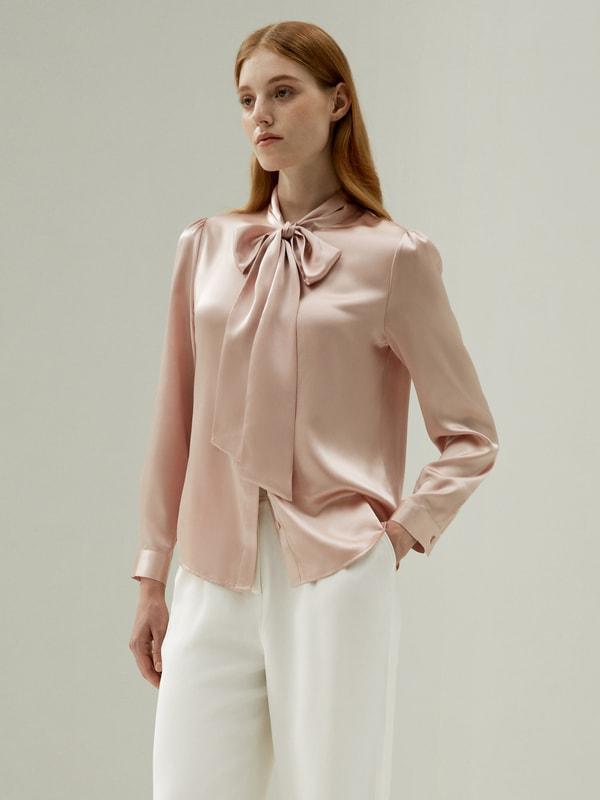 Women Bow-tie Neck Silk Blouse Product Image