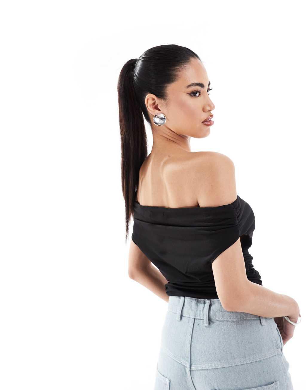 Simmi slinky off the shoulder foldover top in black Product Image