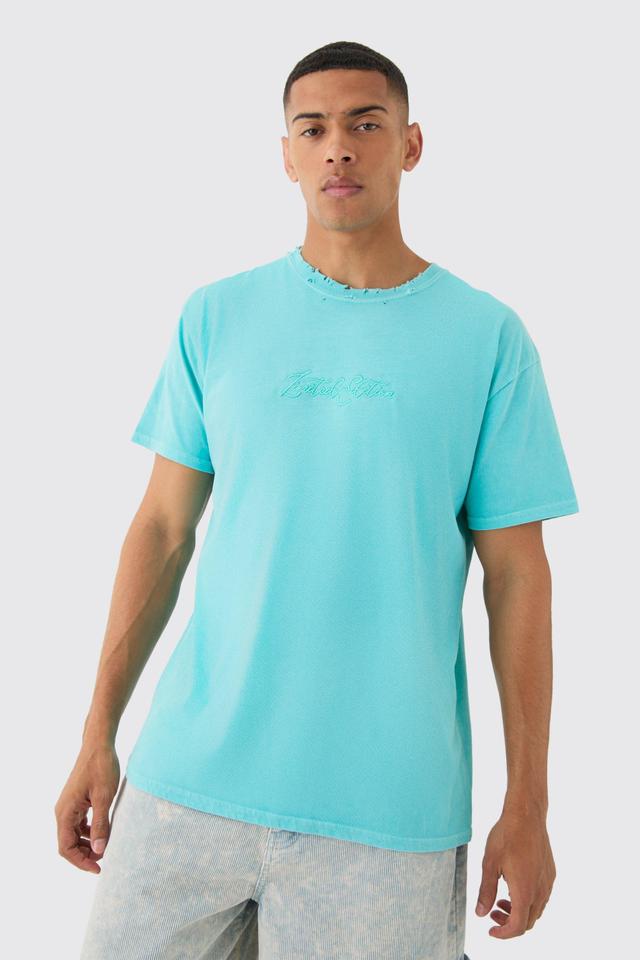 Oversized Distressed Neck Embroidered T-shirt | boohooMAN USA Product Image