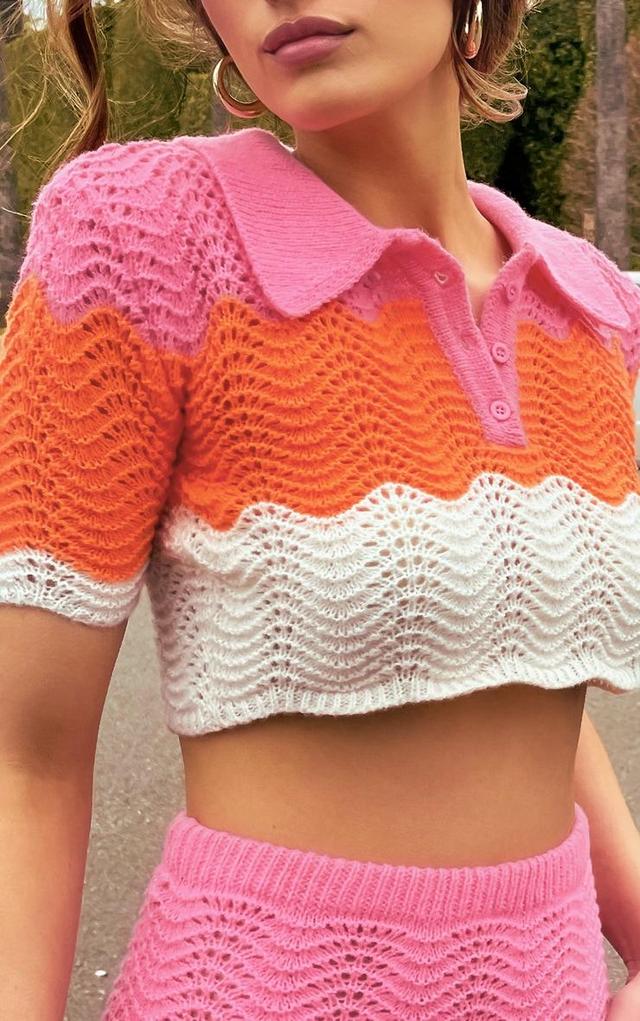 Pink Contrast Crochet Knit Cropped Top Product Image