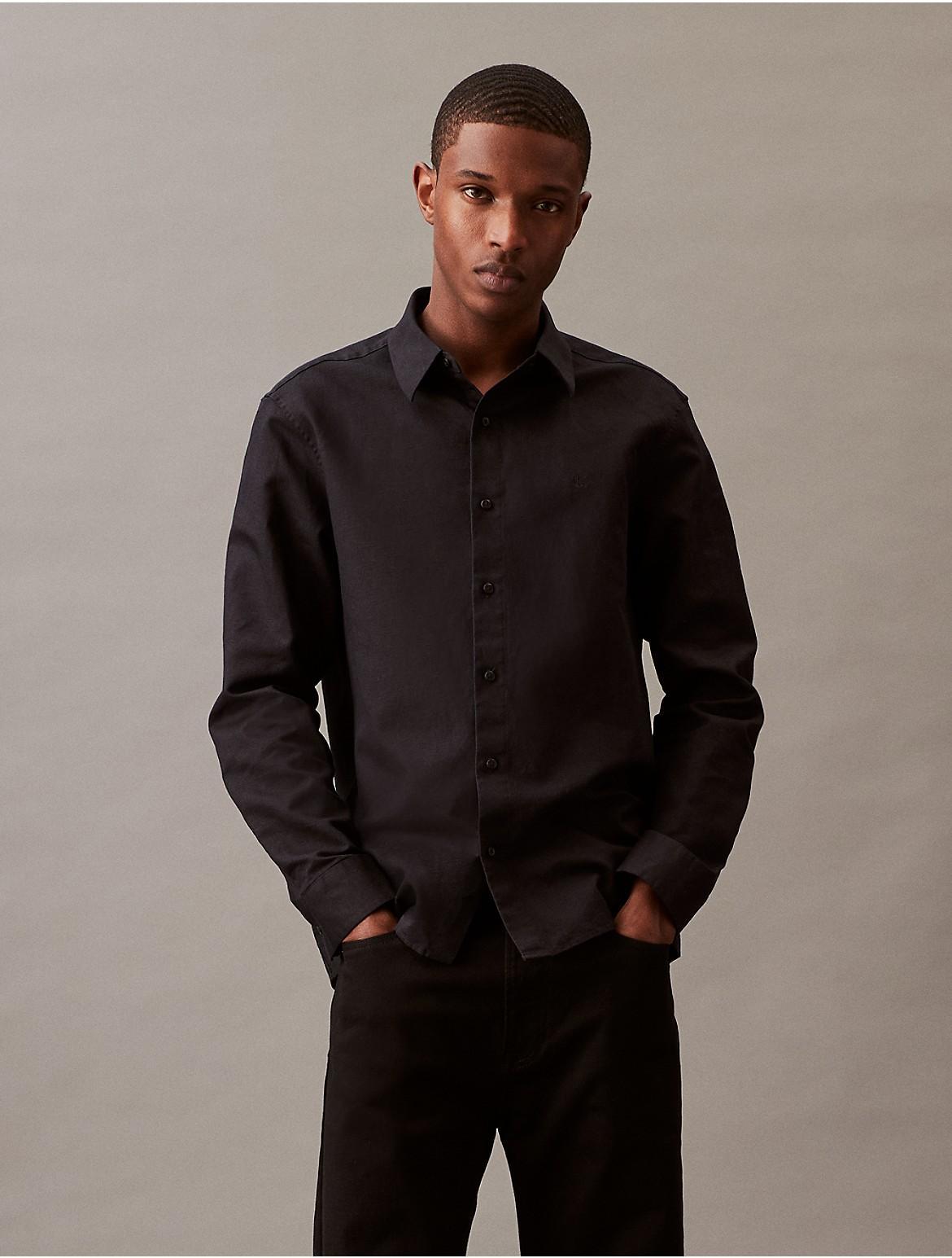 Calvin Klein Mens Solid Linen Blend Classic Button-Down Shirt - Black - L Product Image