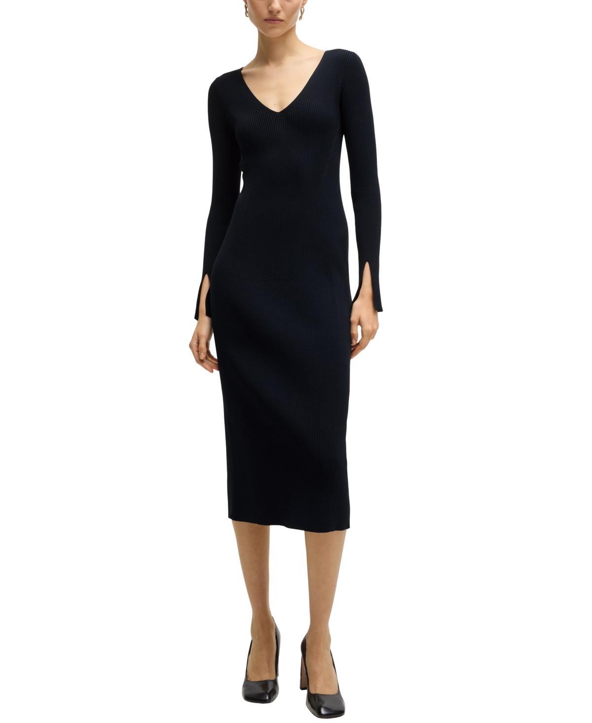 Womens Long-Sleeved V-neck Dress with Ribbed Knit Product Image