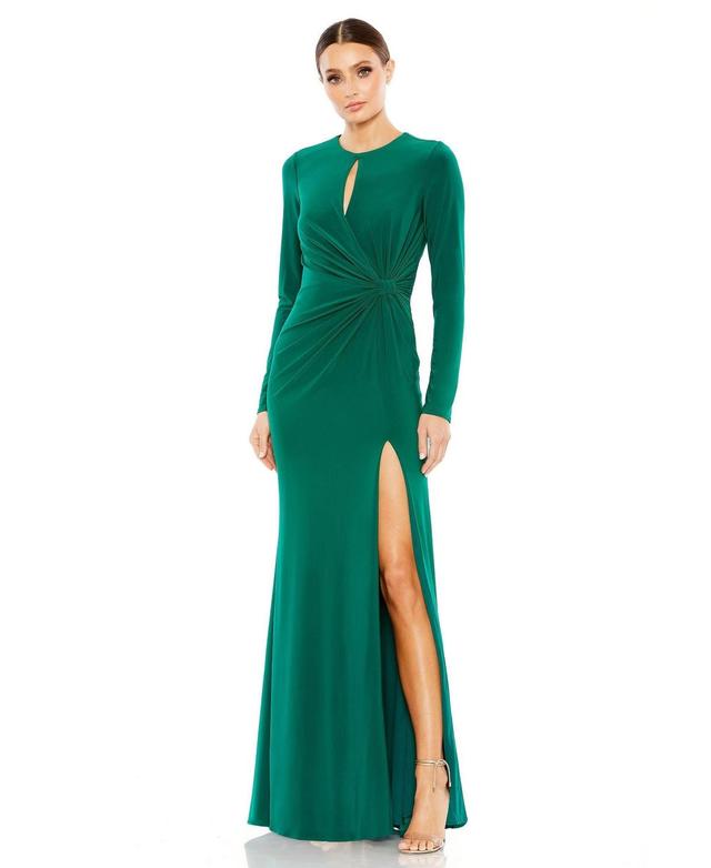 Mac Duggal Long Sleeve Keyhole Crew Neck Knot Waist Gown Product Image