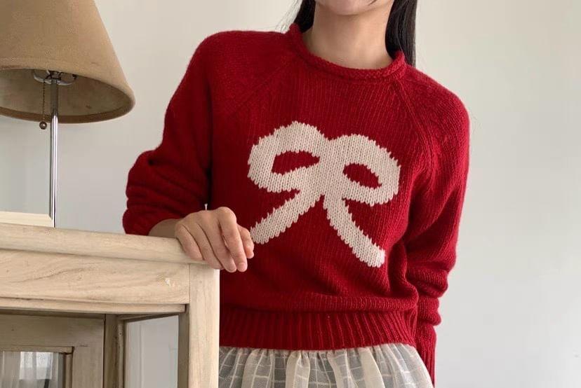 Crew Neck Bow Knitted Sweater Product Image