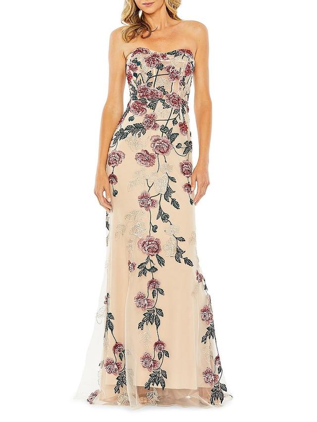 Womens Floral Embroidered Strapless Gown Product Image