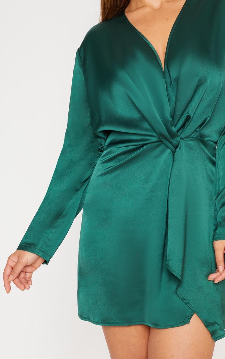 Plus Emerald Green Satin Long Sleeve Wrap Dress Product Image