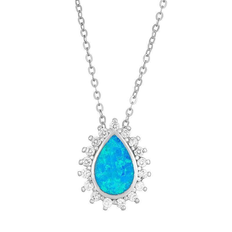 Lab-Created Blue Opal & Cubic Zirconia Sterling Silver Teardrop Halo Pendant Necklace, Womens Product Image