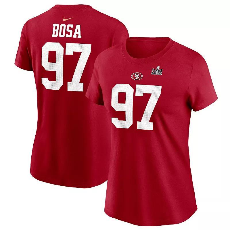 Womens Nike Nick Bosa Scarlet San Francisco 49ers Super Bowl LVIII Patch Player Name & Number T-Shirt Product Image