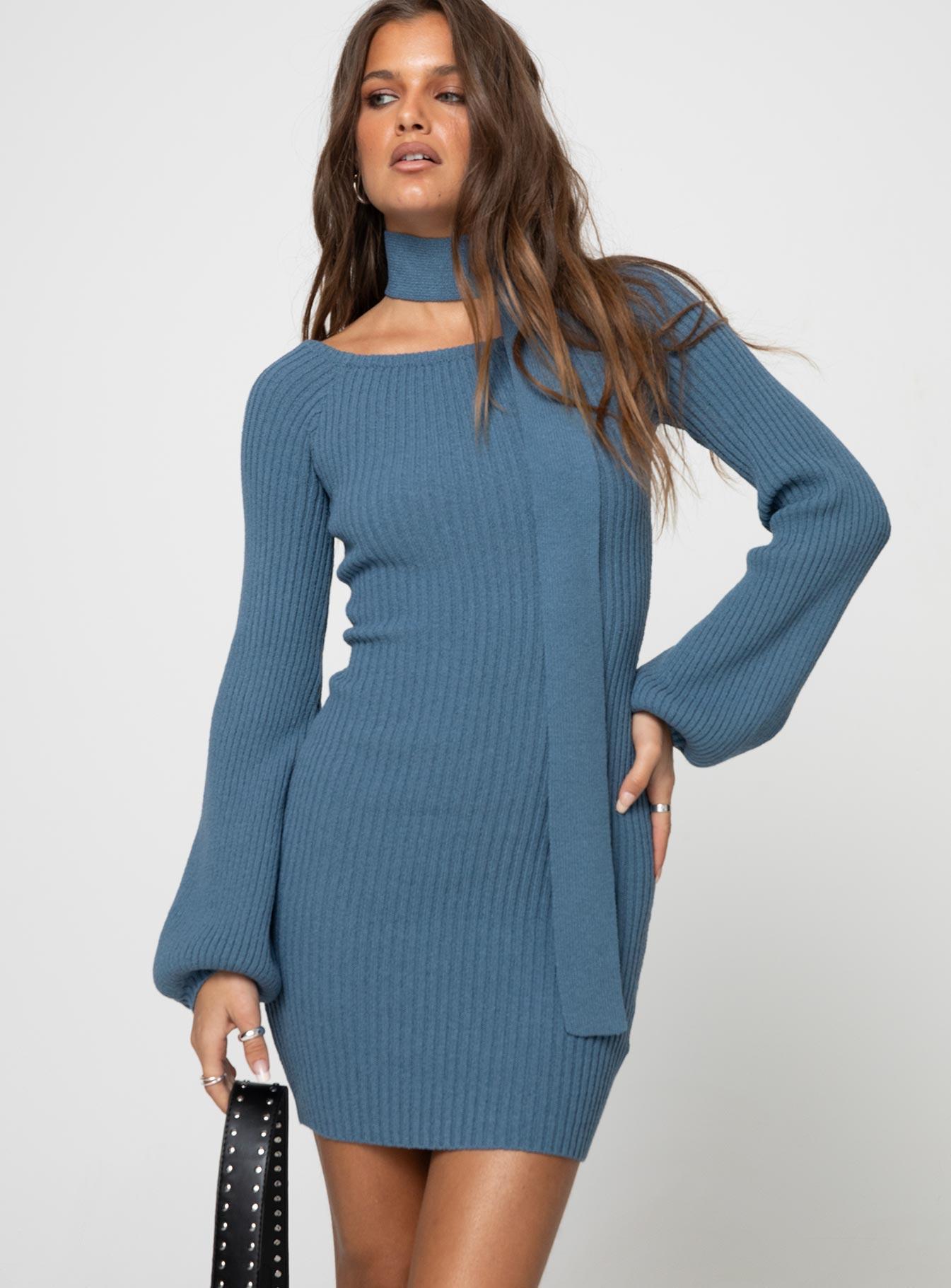 Dyante Long Sleeve Scarf Mini Dress Blue Product Image