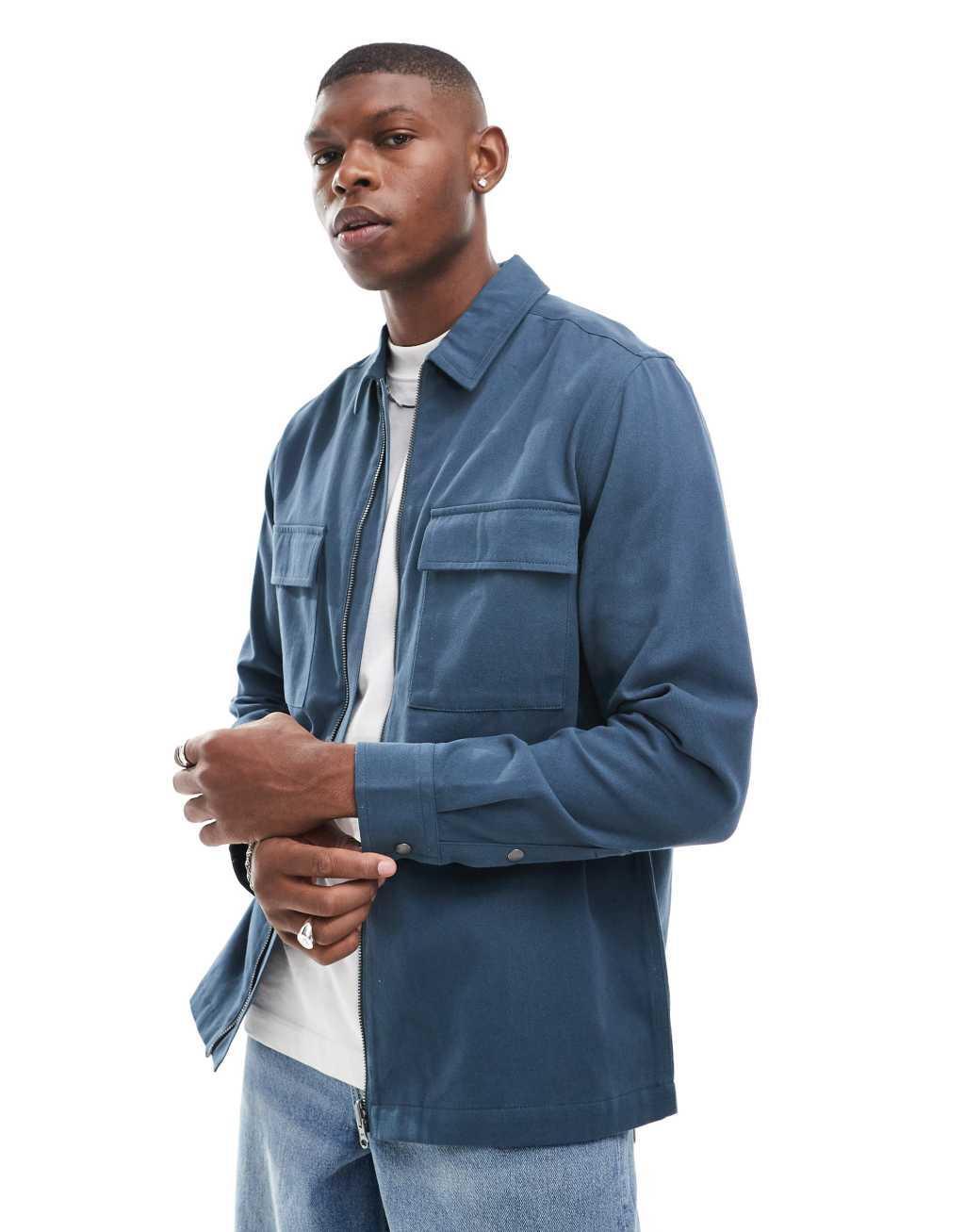 ASOS DESIGN overshirt with front zip in blue Product Image