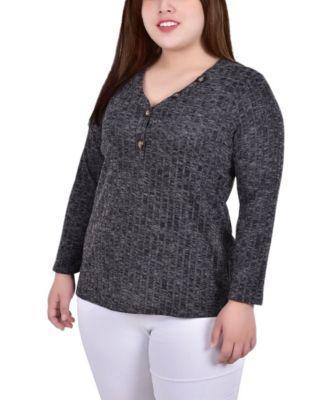 Plus Size Long Sleeve Ribbed Henley Product Image