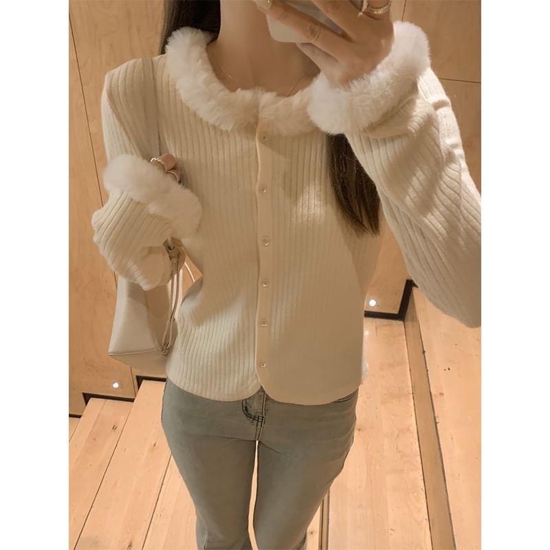 Furry Trim Plain Button-Up Cardigan Product Image