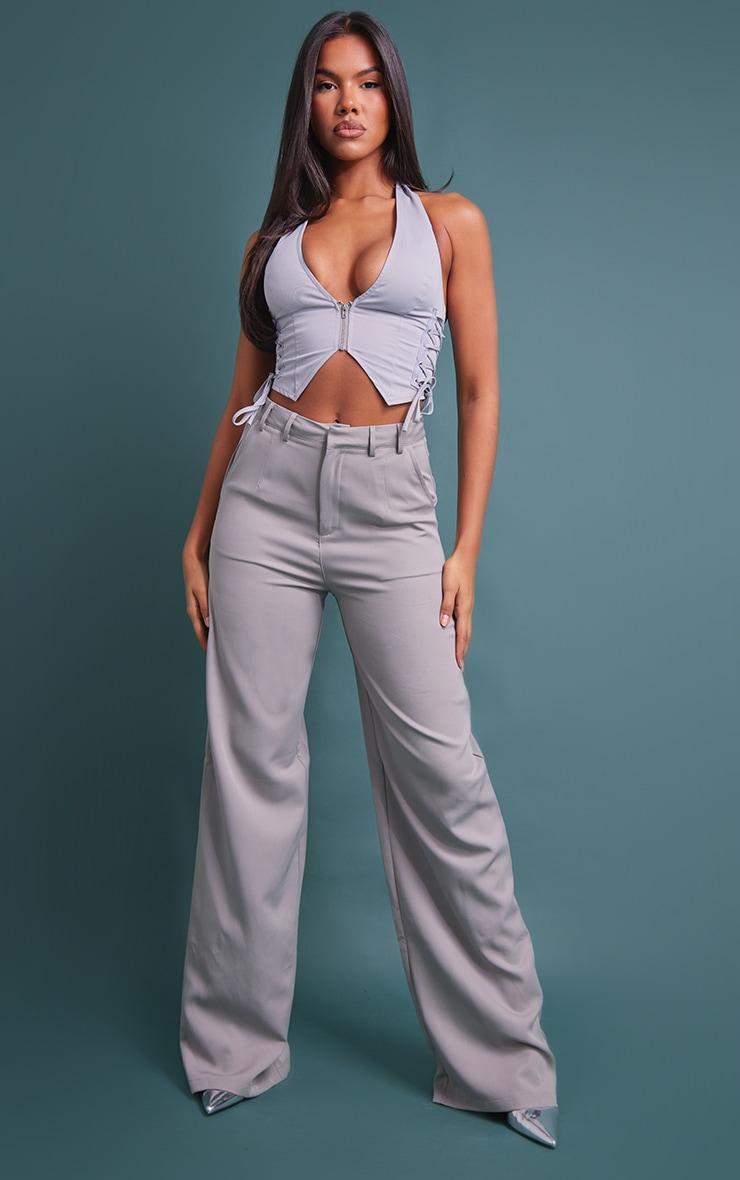 Light Grey Cargo Lace Up Side Zip Up Crop Top Product Image