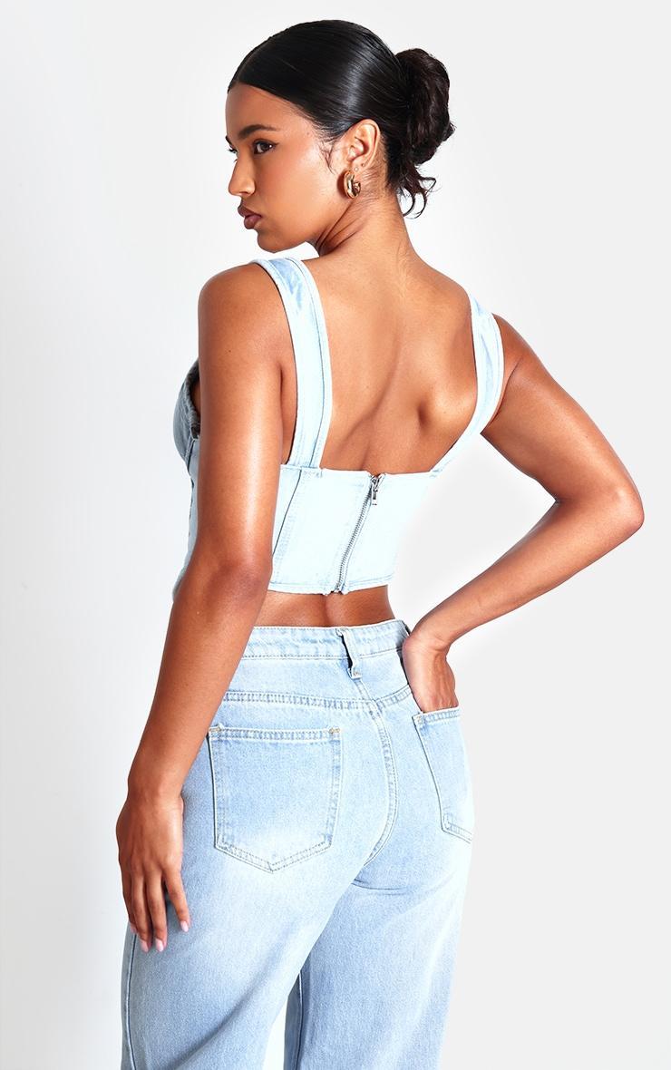 Light Blue Wash Dip Hem Bust Cup Denim Corset Product Image