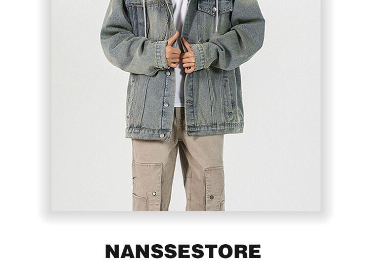 Washed Hooded Button-Up Denim Jacket Product Image