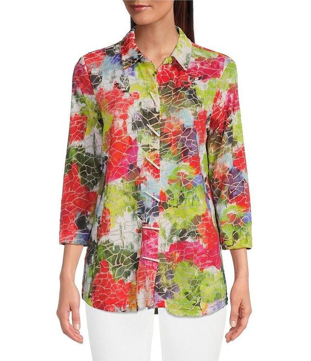 Ali Miles Petite Size Burnout Knit Multi Floral Print Point Collar 3/4 Sleeve Button Front Top Product Image