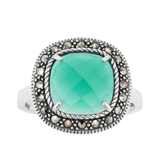 Lavish by TJM Sterling Silver Cushion Green Agate & Marcasite Ring, Womens Product Image