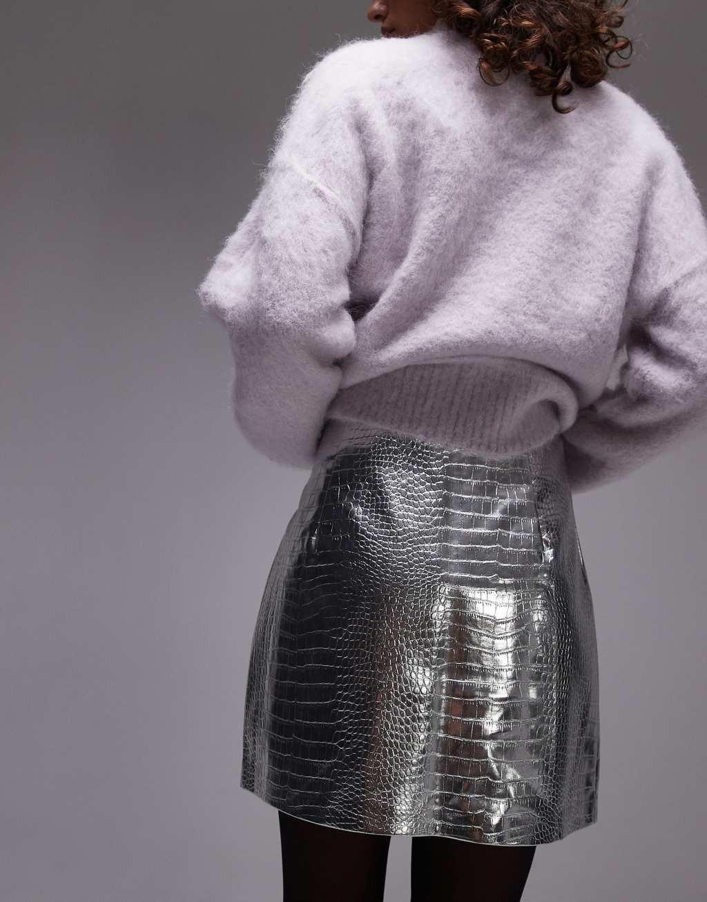 Topshop faux leather editor pelmet skirt in silver snake Product Image