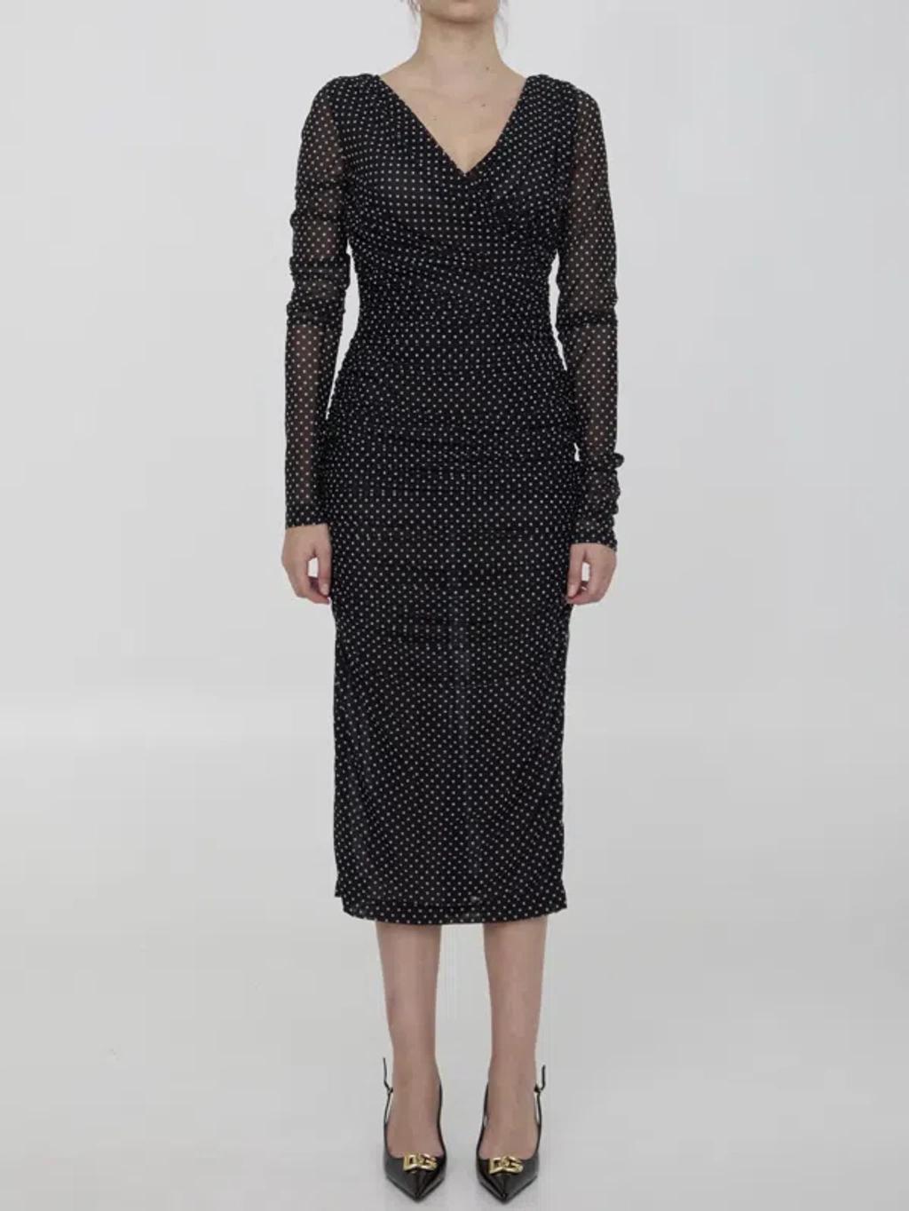 DOLCE & GABBANA Midi Dress With Polka-dot Print In Black Product Image