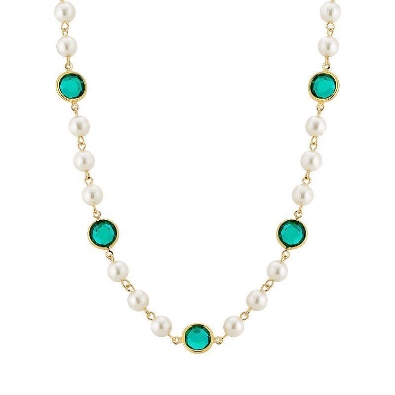 1928 Gold Tone Simulated Pearl & Crystal Strandage Necklace, Womens, Green Product Image