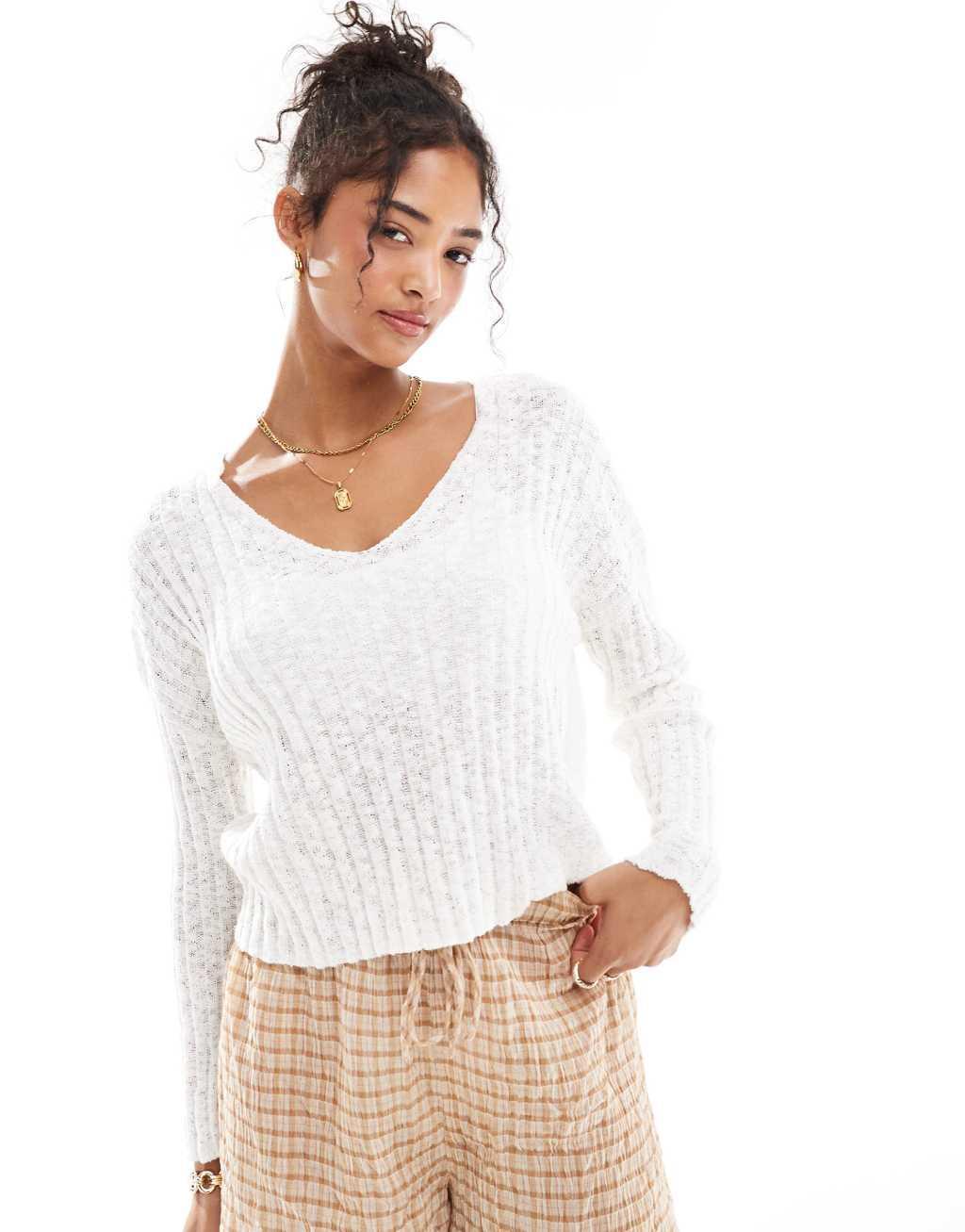 Mango open weave v neck sweater in white Product Image