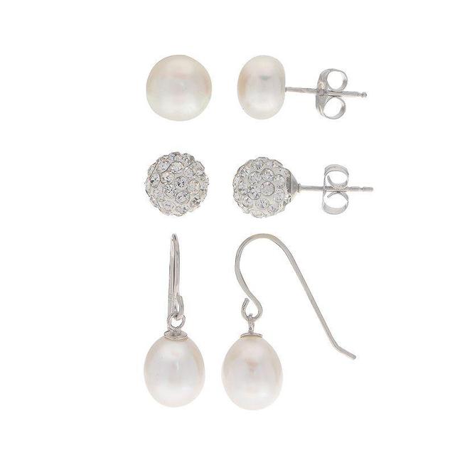 PearLustre by Imperial Sterling Silver Freshwater Cultured Pearl & Crystal 3 Pair Earring Set, Womens Product Image