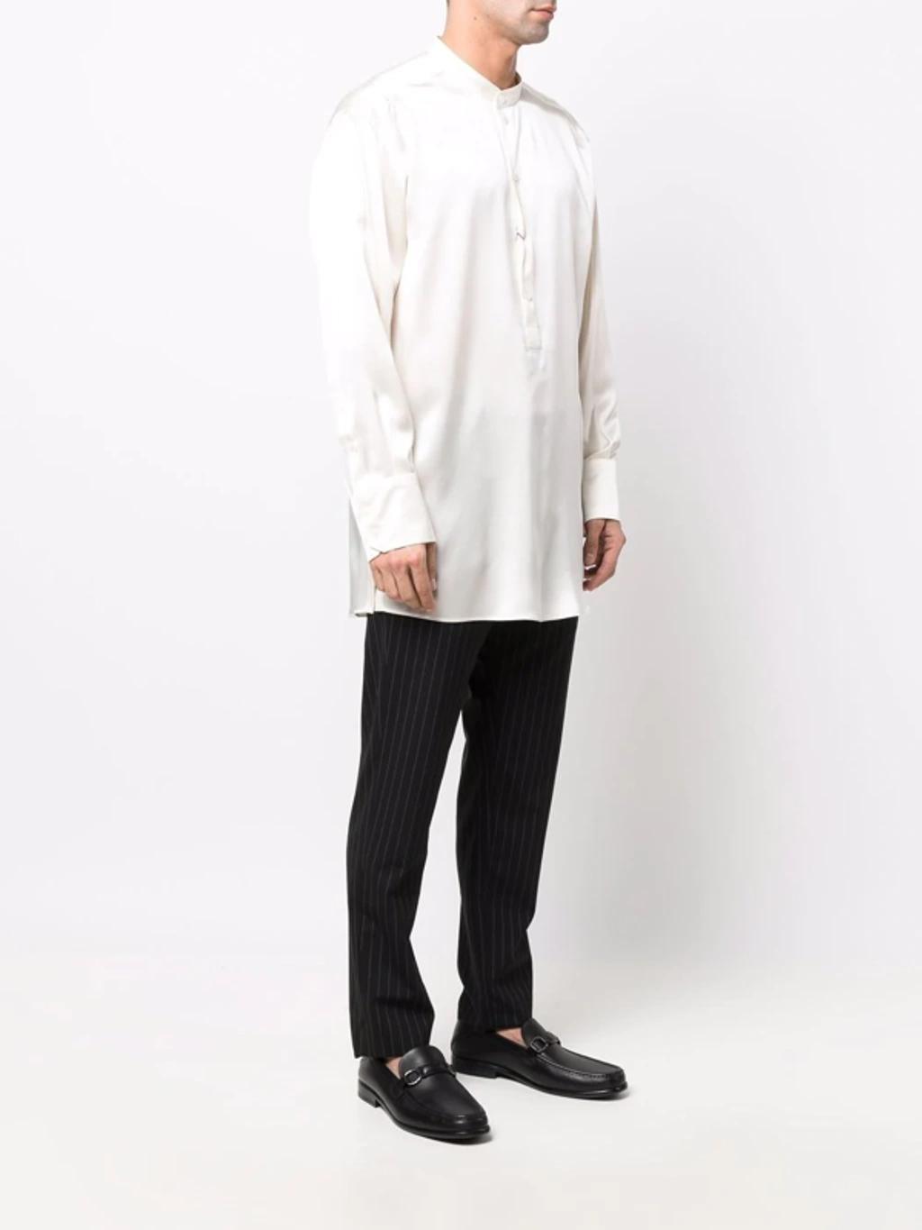 Long-sleeve Silk Longline Shirt In Bianco Product Image