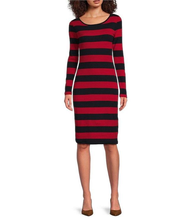 Lauren Ralph Lauren Lileah Stretch Cotton Rib Knit Stripe Print Scoop Neck Long Sleeve Sheath Dress Product Image