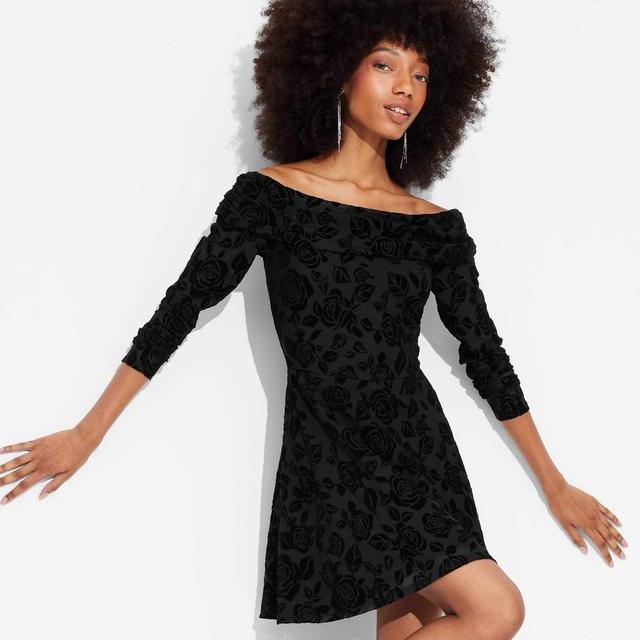 Womens Long Sleeve Flocked Mini Fit and Flare Dress - Wild Fable Black M Product Image