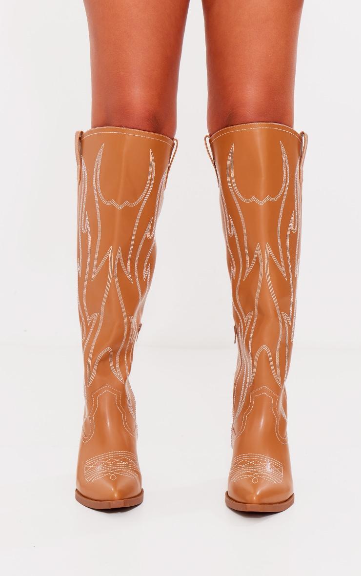 Tan PU Point Toe Western Knee High Boots Product Image