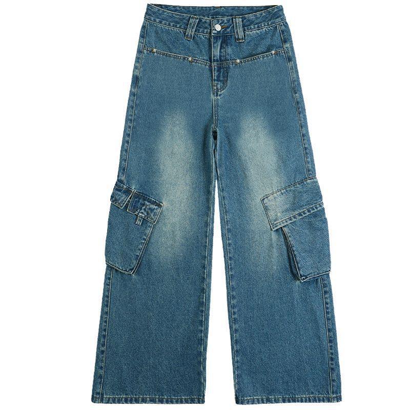 Mid Rise Washed Wide Leg Cargo Jeans Product Image