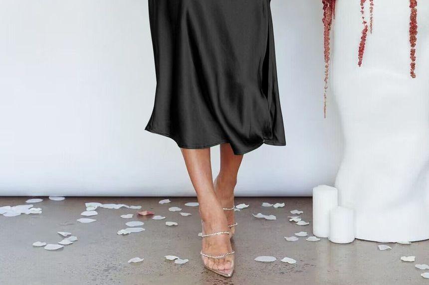 Halter Scarf Neck Plain Slit Satin Midi Sheath Dress Product Image