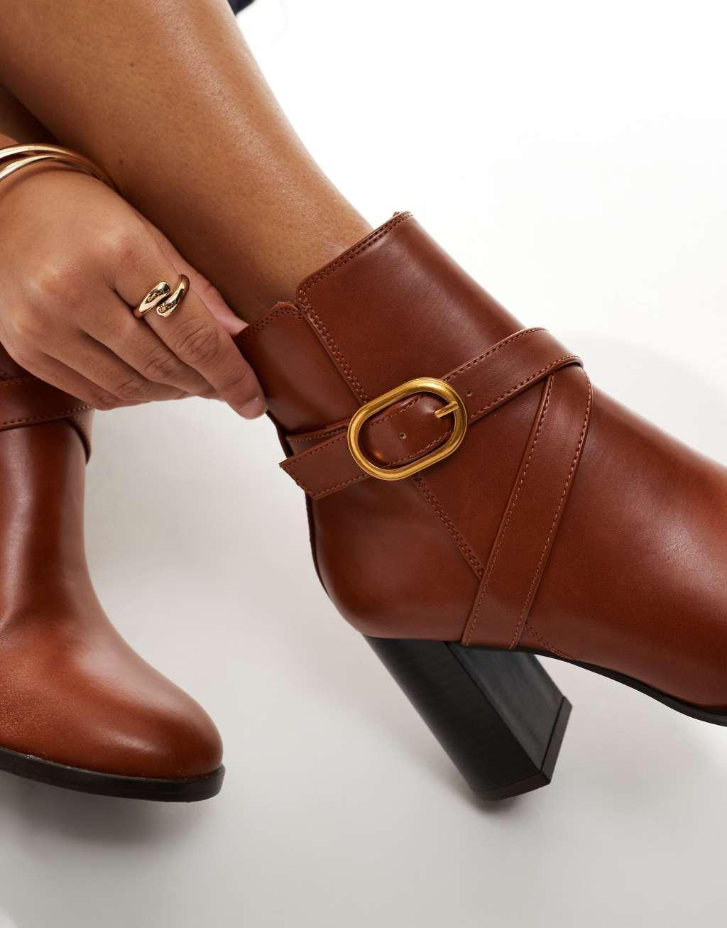 ASOS DESIGN Regan mid-heel buckle boots in tan Product Image