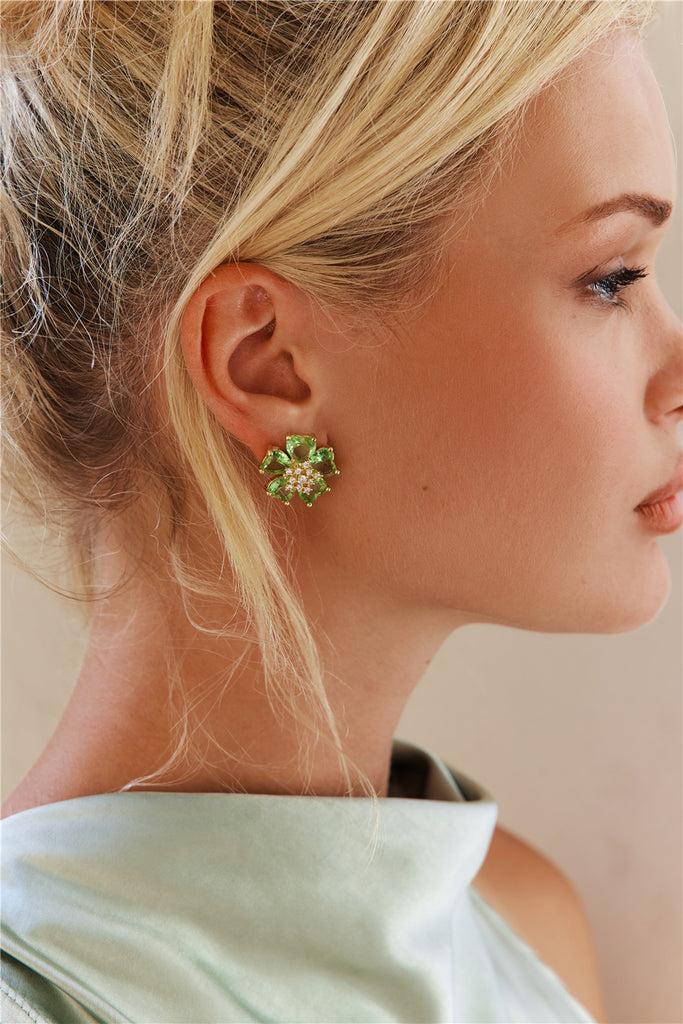 18k Gold Plated Fortune Flower Earrings Green Product Image