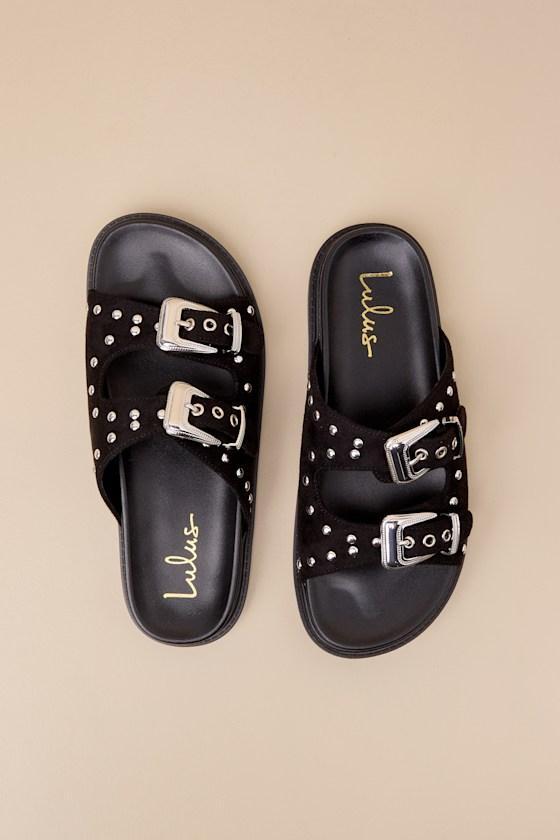 Jadah Black Suede Studded Buckle Slide Sandals Product Image