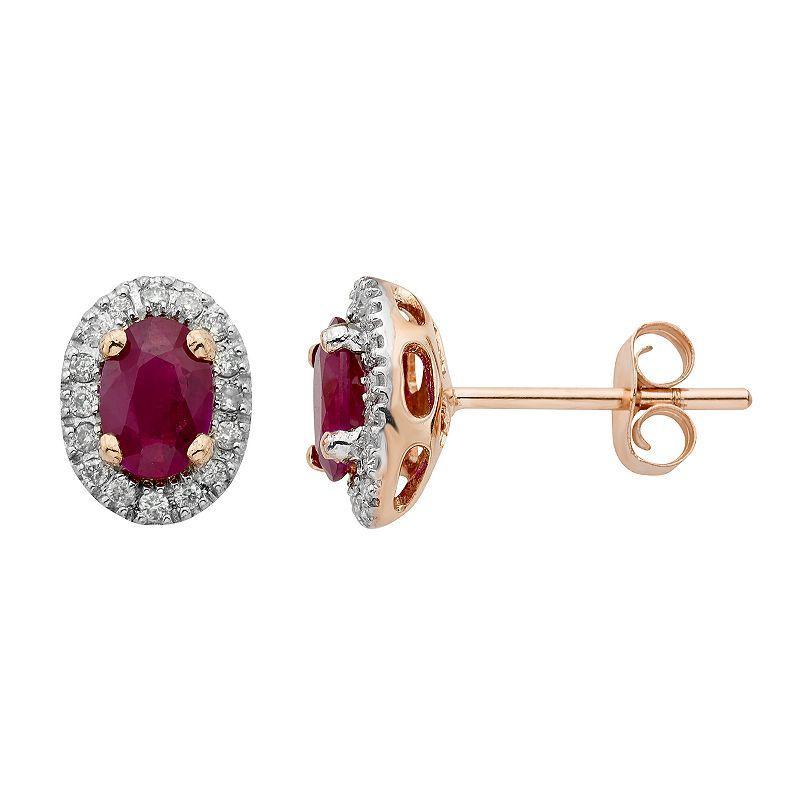 14k Rose Gold 1/6 Carat T.W. IGL Certified Diamond & Ruby Oval Earrings, Womens, Red Product Image