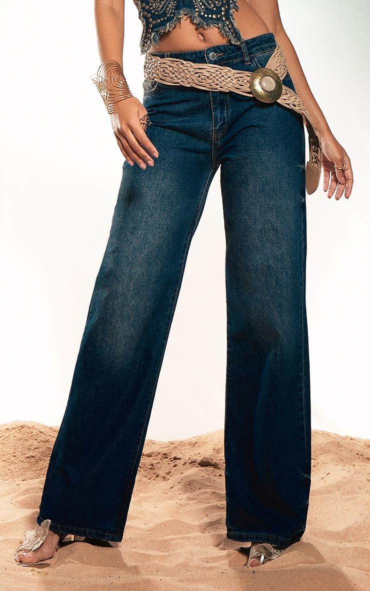 Indigo Blue Wash Tuck Detail Baggy Jeans Product Image