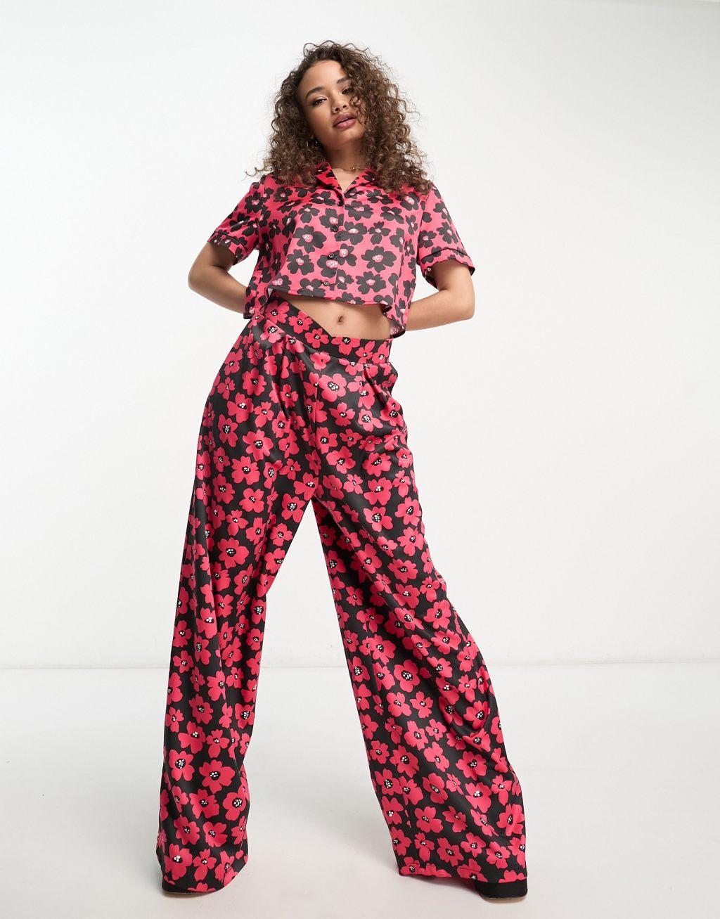 Flounce London wide leg pants in red and black floral - part of a set Product Image