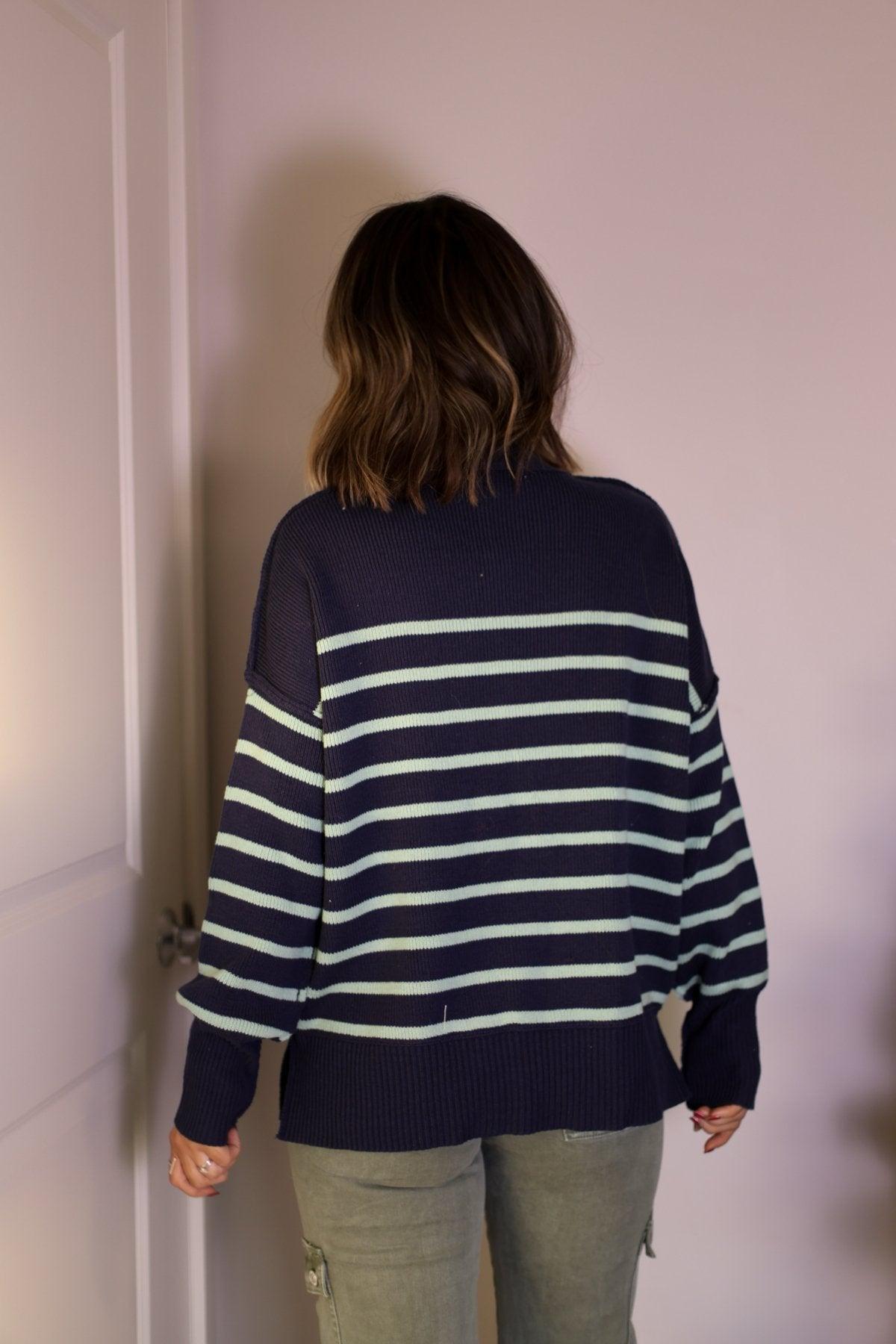 Navy and Green Striped Pullover Sweater Product Image