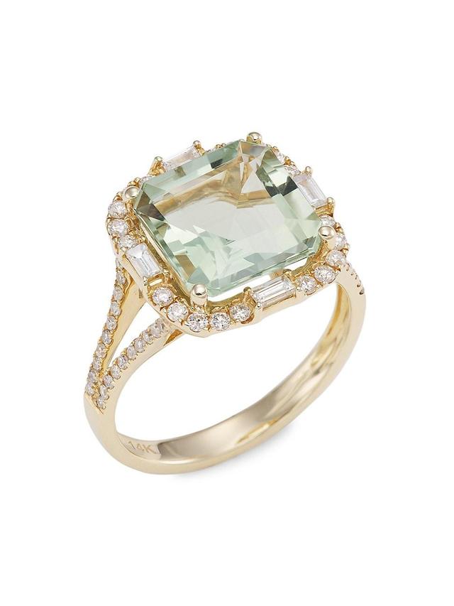 Womens 14K Yellow Gold, Green Amethyst & Diamond Cushion Ring Product Image