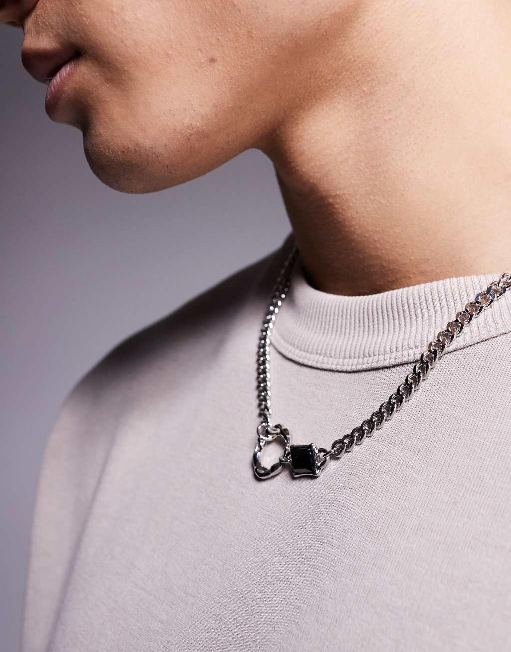 ASOS DESIGN curb chain necklace with black pendant in silver tone Product Image